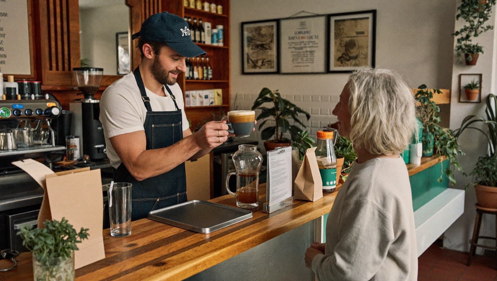 Barista overhandigt een koffie aan een vaste gast aan de bar van een koffiezaak