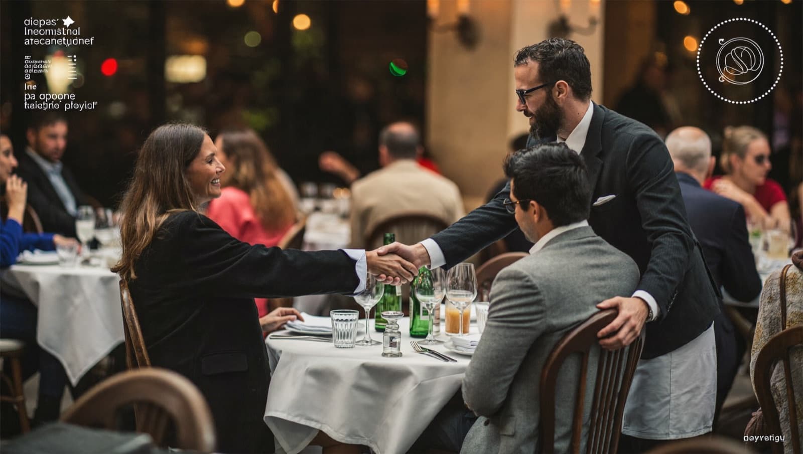 Waiter welcoming a returning couple at the entrance of a cozy restaurant